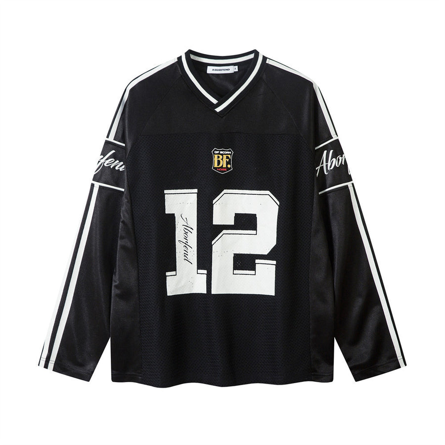 Digital Printed Long-sleeved T-shirt Jersey Contrast Color V-neck Top