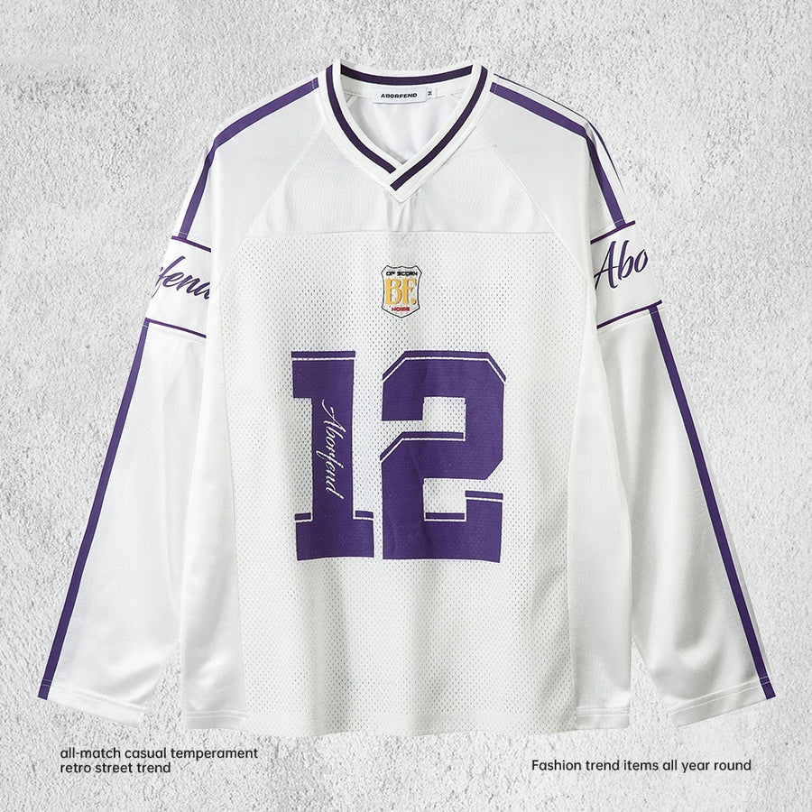 Digital Printed Long-sleeved T-shirt Jersey Contrast Color V-neck Top